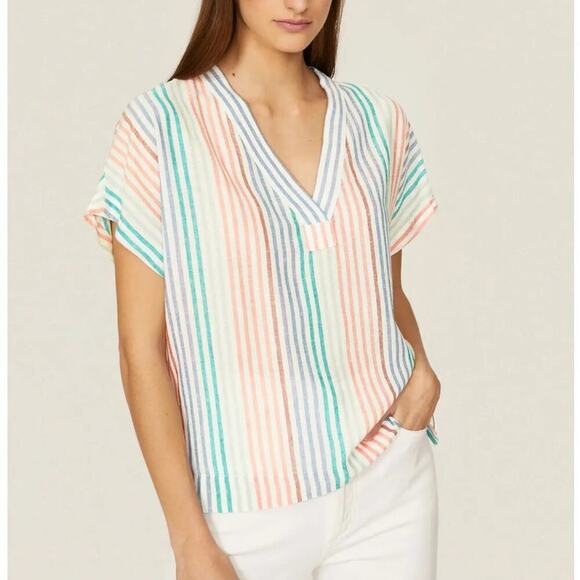 Marine Layer Bali Tunic Top Linen Blend Cap Sleeve V-Neck Rainbow Stripe NWT S - Picture 1 of 6